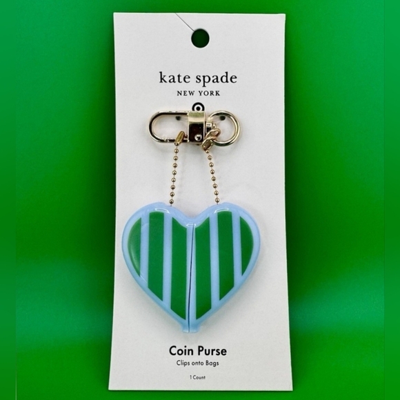 Kate Spade x Target Striped Heart Coin Purse Keychain Bag Charm green/blue NEW - Picture 2 of 4